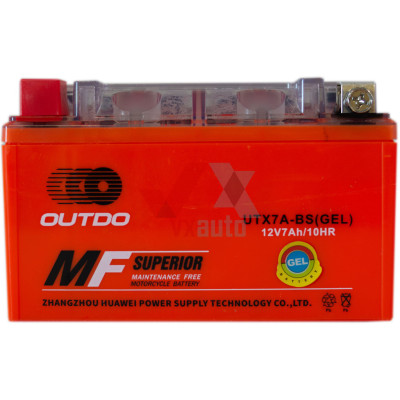 Аккумулятор мото 12v 7Ah 85A Outdo под болт (плюс слева, низкий)