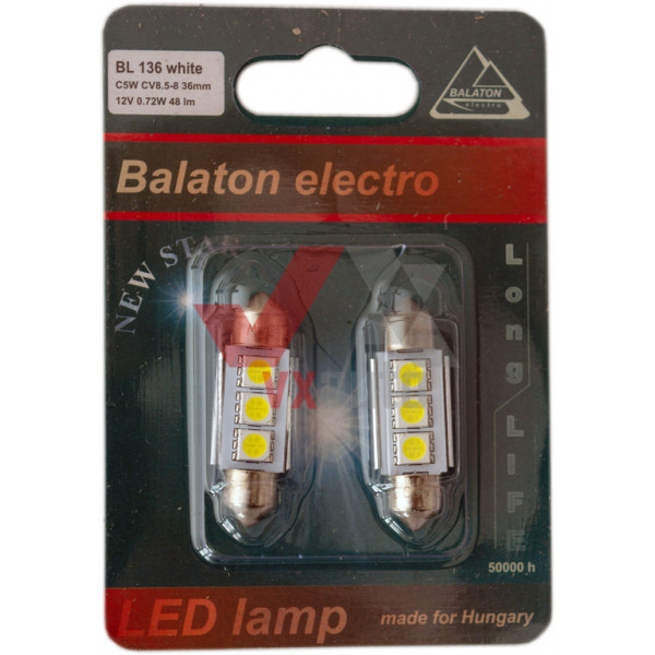 Лампа C5W 12V 5W SV8.5 LED 48lm Balaton(36мм) (салону) к-т (2 шт.), на блістері