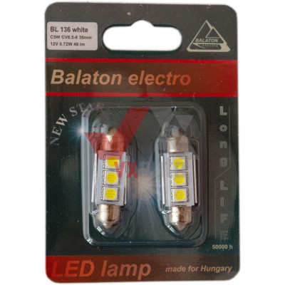 Лампа диодная 12 В салона 0.72 Вт белая C5W Balaton SV8.5 (36мм), к-т (2 шт.)