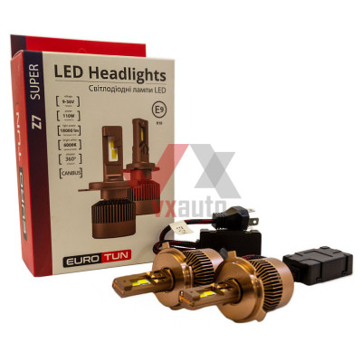 Лампа диодная H4 12 В, 24 В 110 Вт P43T E9 Eurotun Z7 6000K, к-т (2 шт,), 18000L (360° радиатор с вентил.)