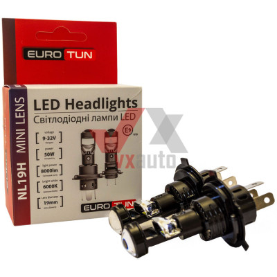 Лампа диодная H4 12 В, 24 В 50 Вт P43T E9 Eurotun NL19H 6000K, к-т (2 шт.), 8000L (с линзой, радиатор)