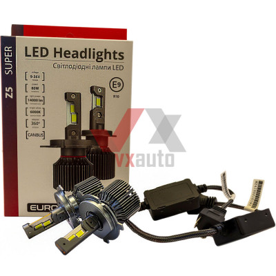 Лампа диодная H4 12 В, 24 В 80 Вт P43T E9 Eurotun Z5 6000K, к-т (2 шт.), 14000L (360° радиатор с вентил.)