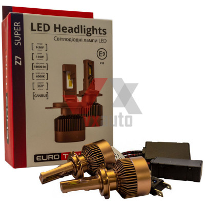 Лампа діодна H7 12 В, 24 В 110 Вт PX26D E9 Eurotun Z7 6000K, к-т (2 шт.), 18000L (360° радіатор з вентил.)