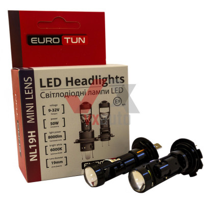 Лампа диодная H7 12 В, 24 В 50 Вт PX26D E9 Eurotun NL19H 6000K, к-т (2 шт.), 8000L (с линзой, радиатор)