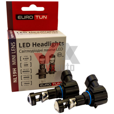 Лампа диодная HB3 12 В, 24 В 50 Вт P20d E9 Eurotun NL19H 6000K, к-т (2 шт.), 8000L (с линзой, радиатор)
