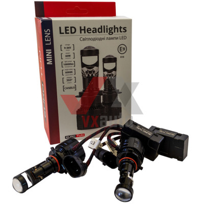 Лампа диодная HB3 12 В, 24 В 60 Вт P20d E9 Eurotun MINI 6000K, к-т (2 шт.), 10000L (360° с линзой, радиатор с вент.)