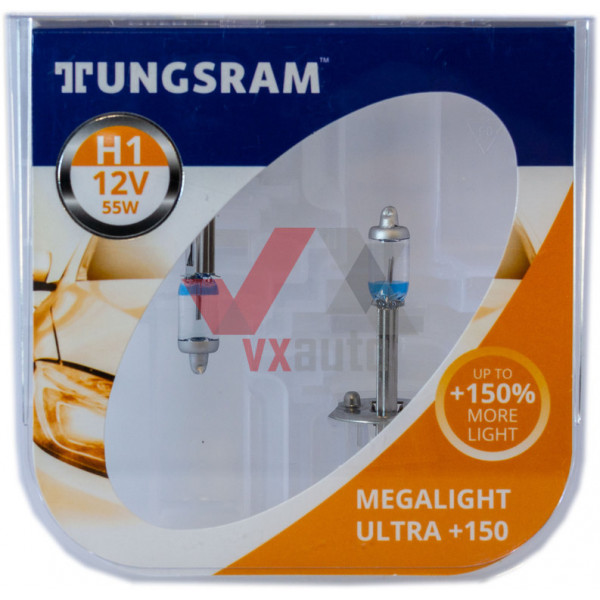 Лампа галогенова H1 12V 55W P14,5s +150% Megalight Ultra TUNGSRAM, к-т (2 шт.)