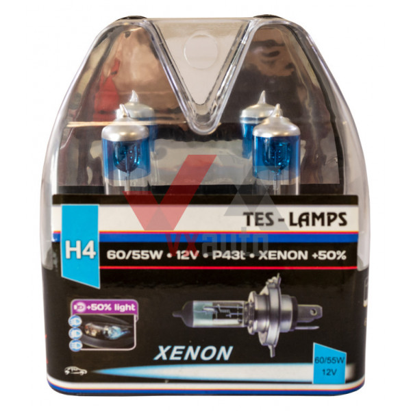 Лампа галогенова H4 12 В 60/55 Вт P43T  +50 % Xenon Tes-Lamps, к-т (2 шт.)
