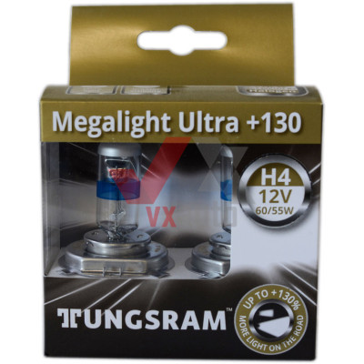 Лампа галогенная H4 12 В 60/55 Вт P43T +130% Megalight Ultra TUNGSRAM, к-т (2 шт.)