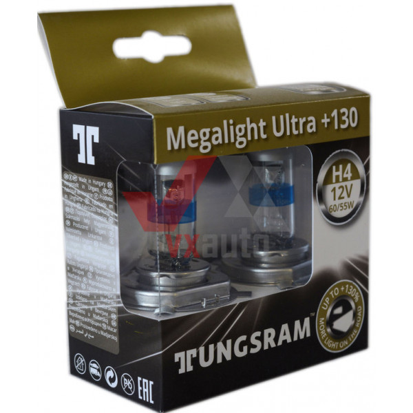 Лампа галогенова H4 12 В 60/55 Вт P43T +130% Megalight Ultra TUNGSRAM, к-т (2 шт.)