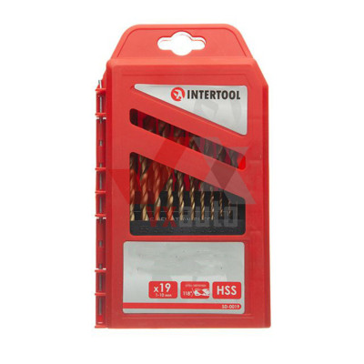 Набор сверл по металу спиральное 1-10 мм, 19 шт. Intertool (покрытие Ti)