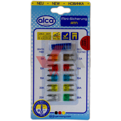 Предохранитель euro мини 5-30 А разноцветные ALCA, к-т (10 шт.)