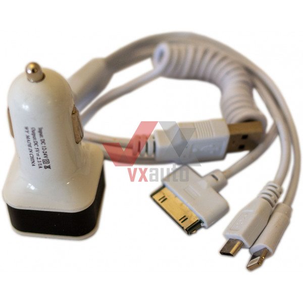 Зарядний пристрій для телефону 12/24V, 2.1/1A + кабель USB 3 в 1  VORTEX (автомобільний)