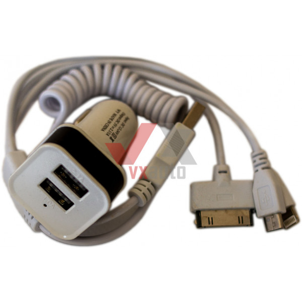 Зарядное устройство для телефона 12/24V, 2.1/1A + кабель USB 3 в 1 VORTEX (автомобильный)
